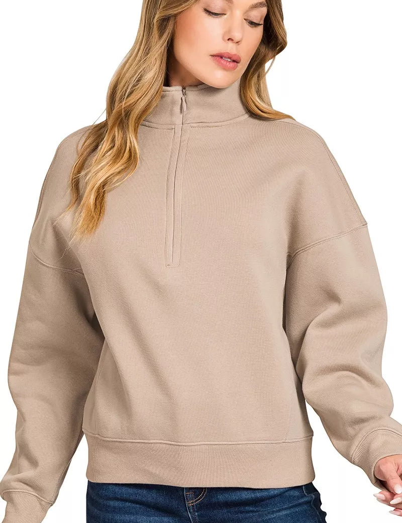 Zenana Fleece High Neck Half Zip Sweatshirt Ash Mocha | Sweatshirts Daverri Fashions