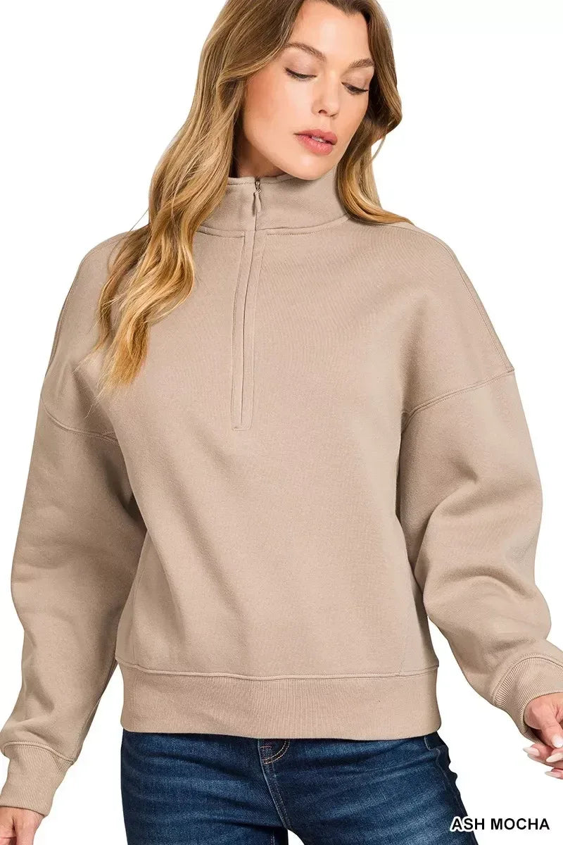 Zenana Fleece High Neck Half Zip Sweatshirt Ash Mocha - DAVERRI FASHIONS
