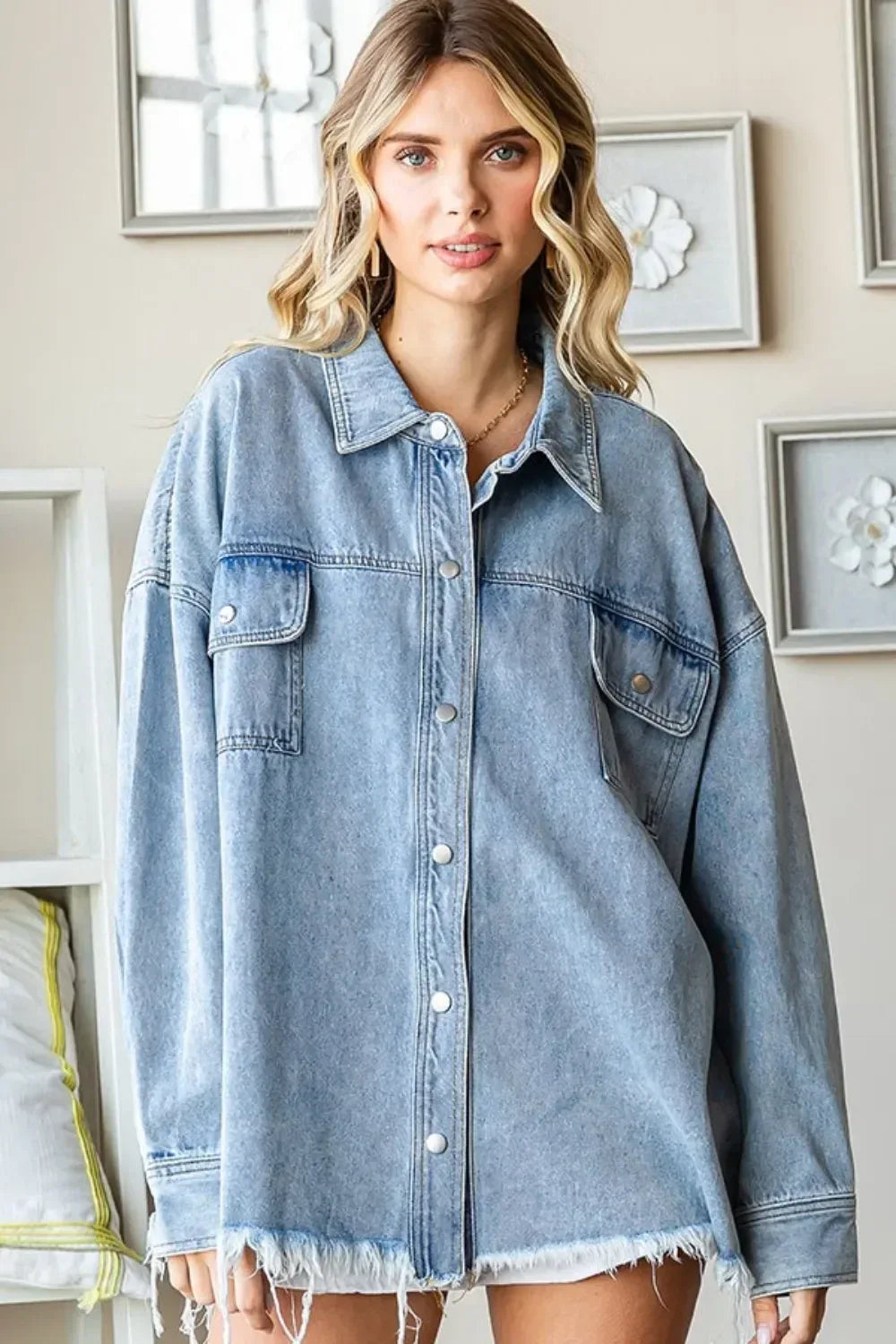 First Love Smile Face Button Down Raw Hem Denim Jacket - DAVERRI FASHIONS