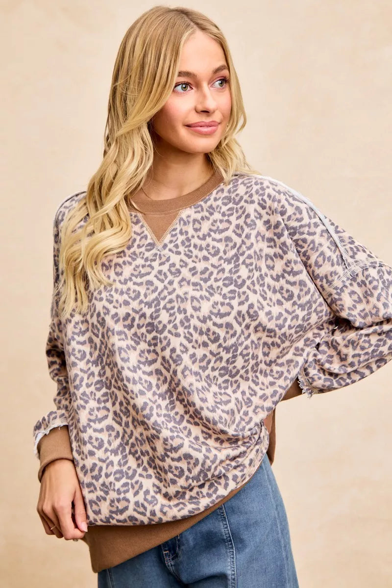 BiBi Leopard Printed French Terry Sweatshirt in taupe-gray print