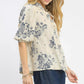 Umgee Floral Embroidered Blouse with cream lace trim and puff sleeves