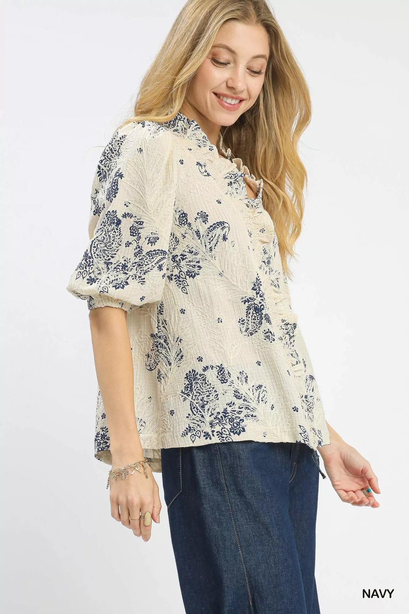Umgee Floral Embroidered Blouse with cream lace trim and puff sleeves