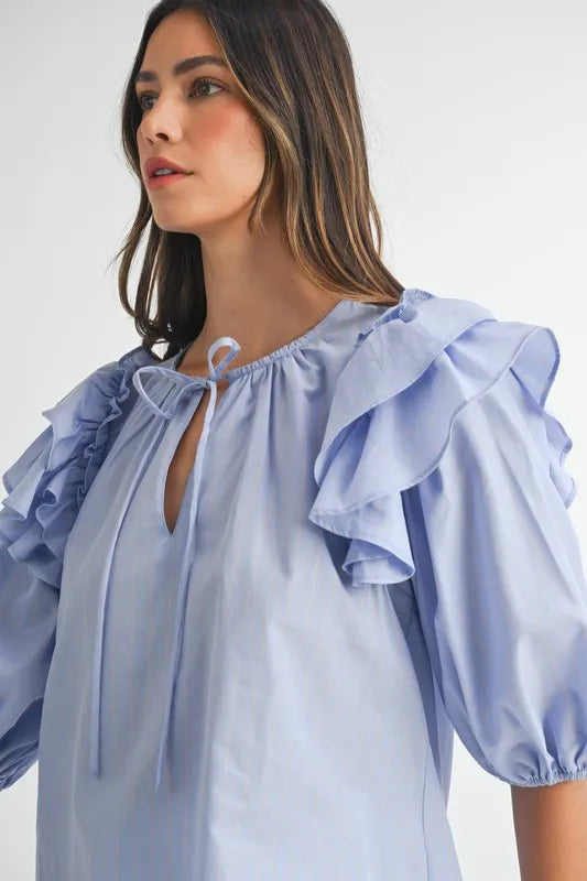 MABLE Stripe Ruffle Shoulder Puff Sleeve Blouse Blouses
