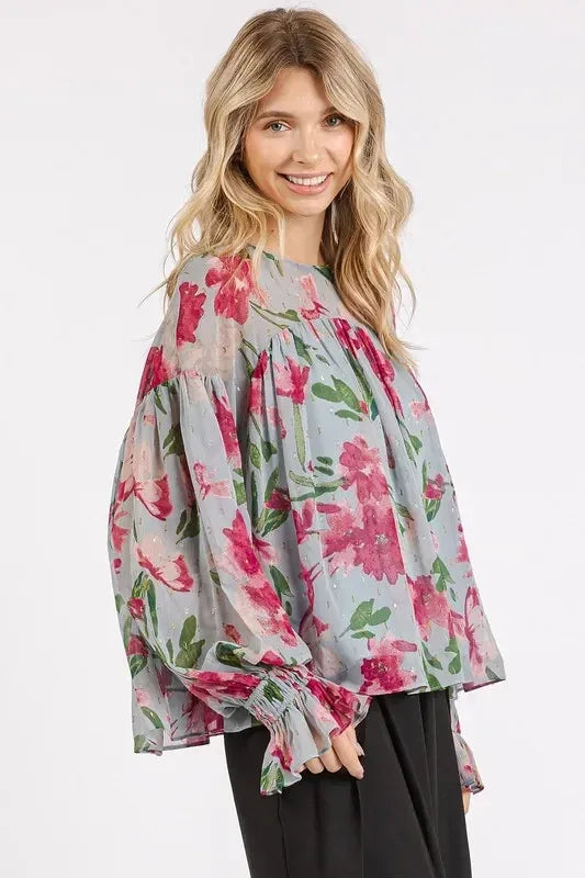 Mittoshop Floral Round Neck Flounce Sleeve Blouse - DAVERRI FASHIONS