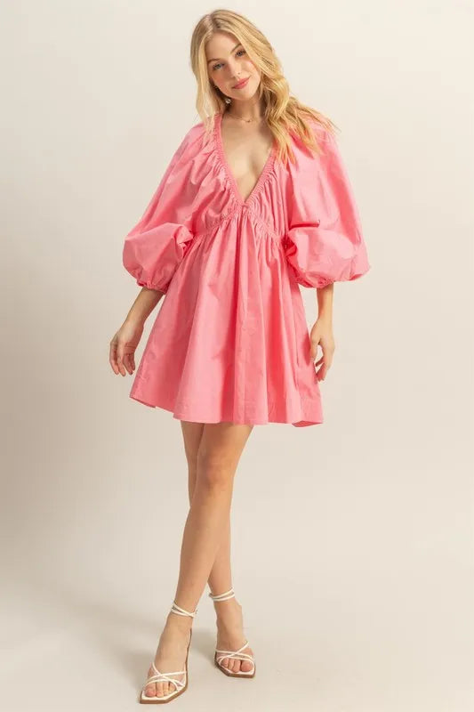 HYFVE Plunge Balloon Sleeve Poplin Mini Dress with Pockets Mini Dresses