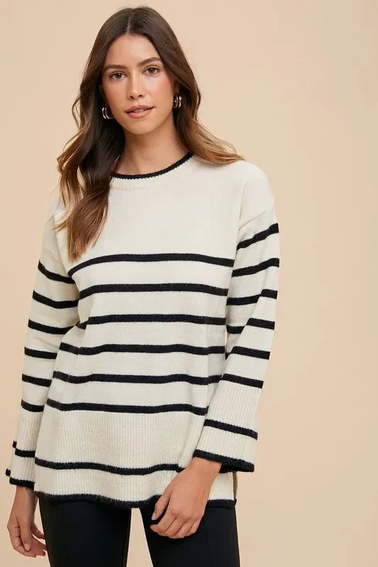 Annie Wear side slit striped round neck sweater in black and white