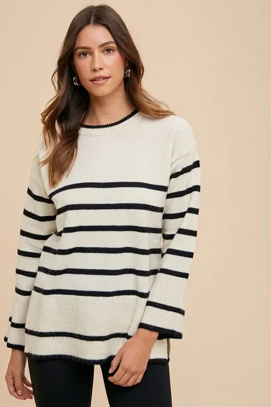 Annie Wear Side Slit Striped Round Neck Sweater - DAVERRI FASHIONS