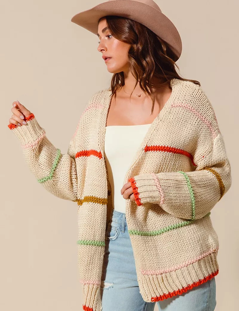 SO ME Loose Fit Multi Stripe Open Front Cardigan | Daverri Fashions