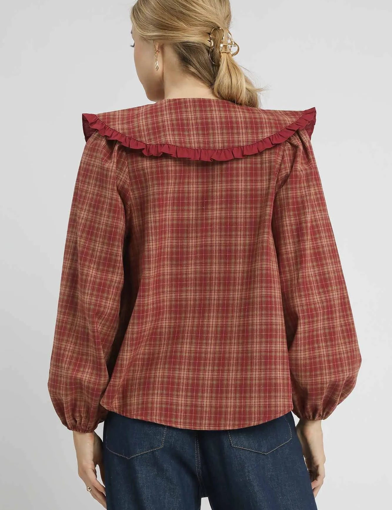 Umgee Full Size Plaid Ruffle Collar Blouse Plus Size | Blouses Daverri Fashions