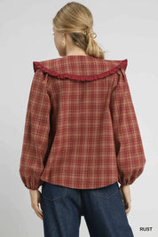 Umgee Full Size Plaid Ruffle Collar Blouse Plus Size | Blouses Daverri Fashions
