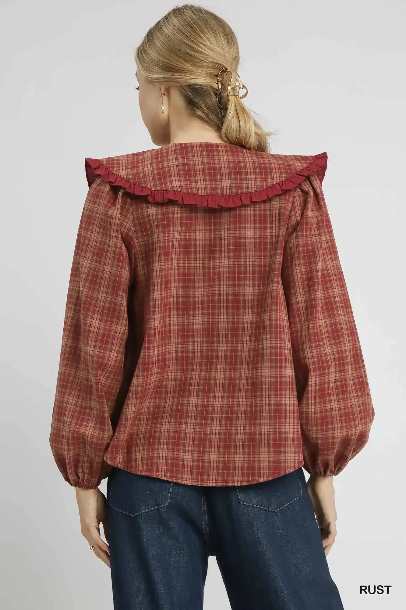 Umgee Full Size Plaid Ruffle Collar Blouse Plus Size - DAVERRI FASHIONS