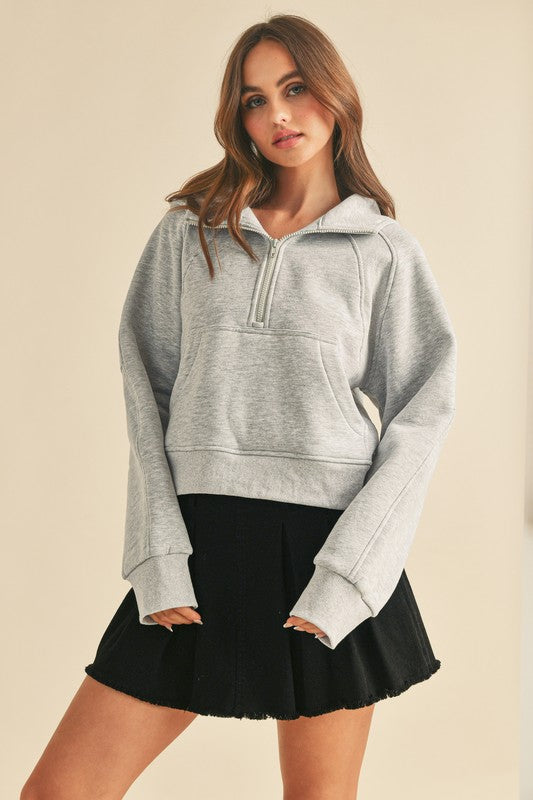 Aemi + Co Half Zip Raglan Sleeve Hoodie with Kangaroo Pocket Light Gray