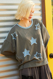 POL Exposed Seam Relaxed Fit Sweater with Star Denim Patch | Sweaters Daverri Fashions