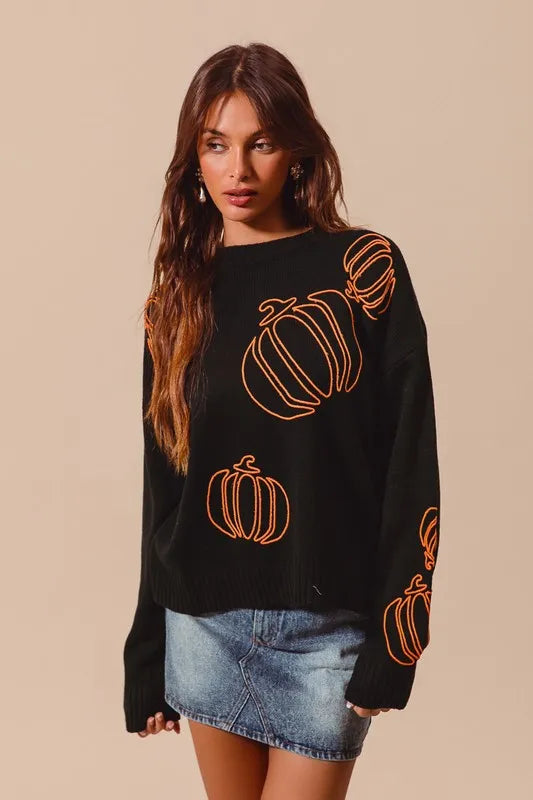 Pumpkin Embroidered Halloween Thanksgiving Sweater Sweaters