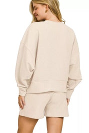 Zenana Ribbed Round Neck Pullover and Shorts Set | Loungewear Sets Daverri Fashions