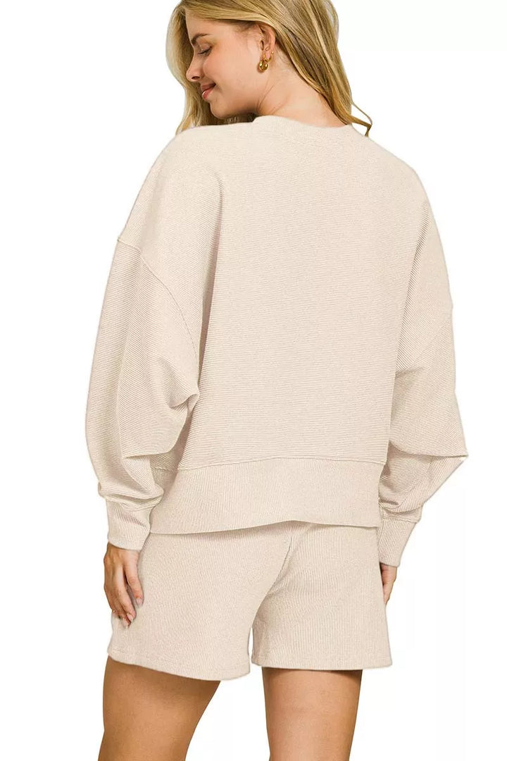 Zenana Ribbed Round Neck Pullover and Shorts Set | Loungewear Sets Daverri Fashions