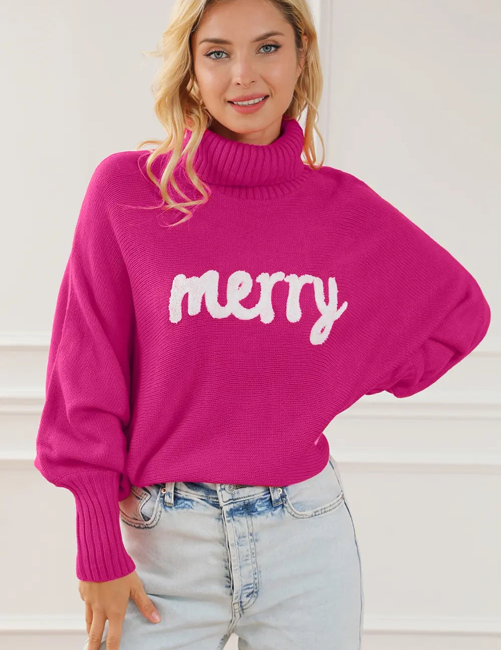 Deep Rose Merry Letter Embroidered High Neck Sweater | Sweaters Daverri Fashions