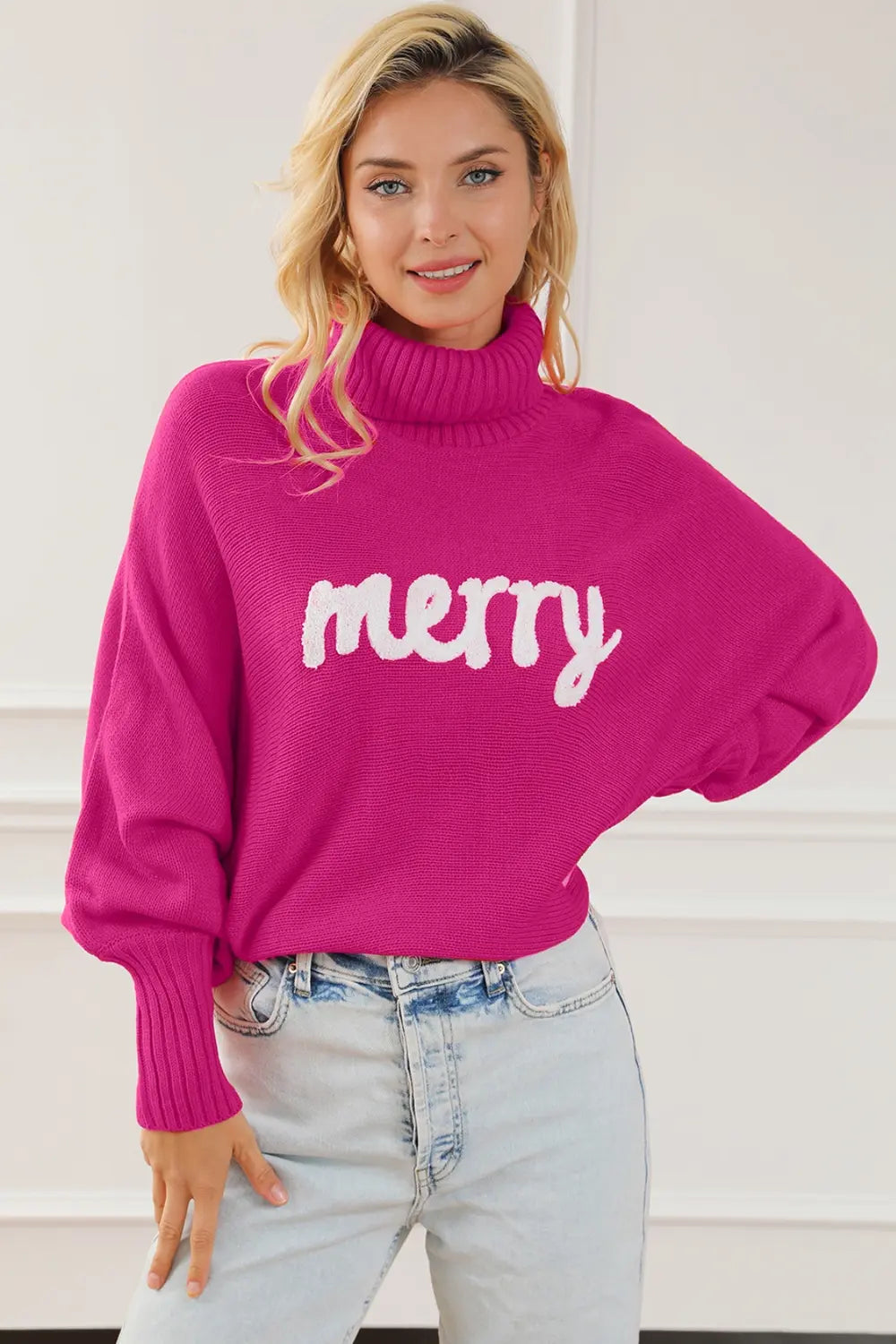 Deep Rose Merry Letter Embroidered High Neck Sweater | Sweaters Daverri Fashions