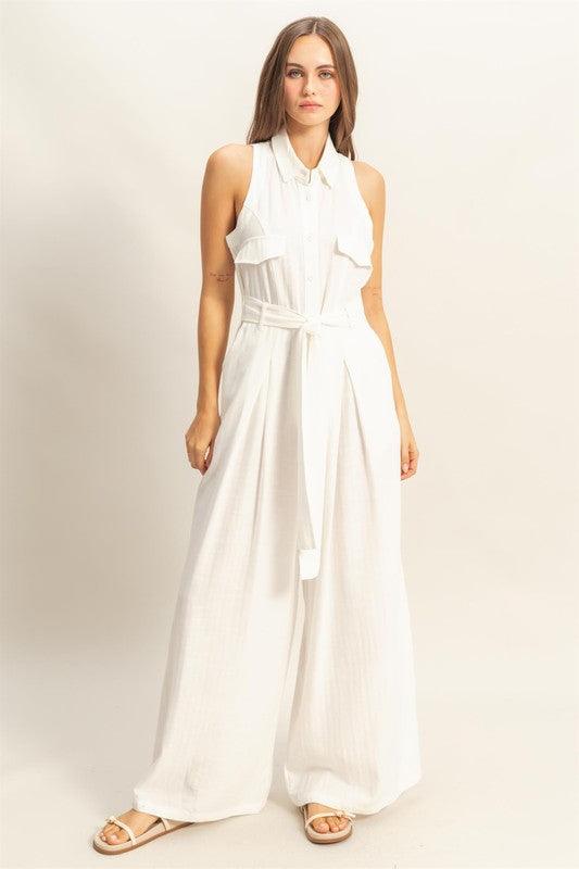 HYFVE Sleeveless Tie Waist Wide Leg Jumpsuit White Jumpsuits
