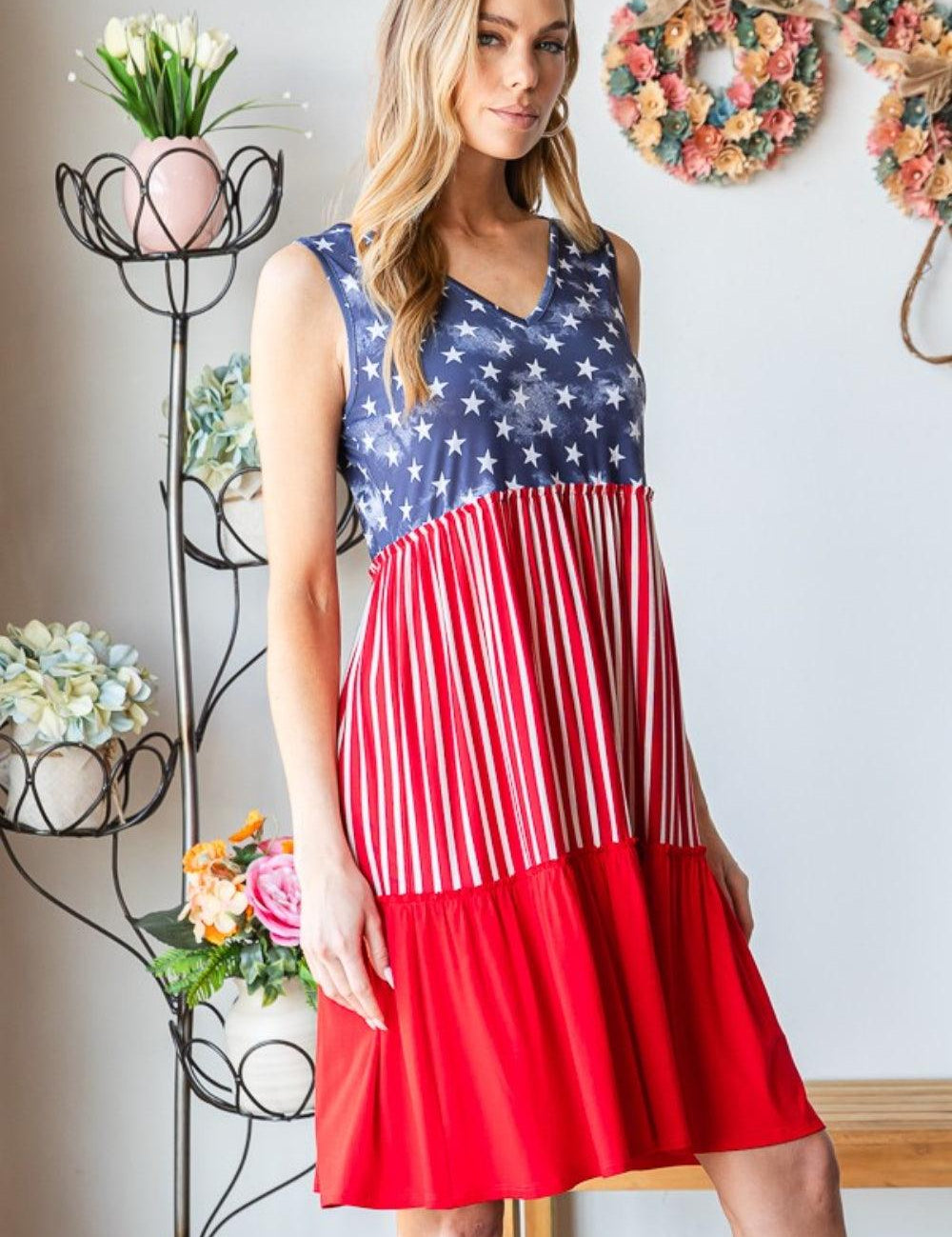 Heimish Full Size US Flag Theme Contrast Tank Dress Midi Dresses