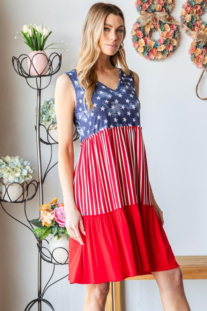 Heimish Full Size US Flag Theme Contrast Tank Dress Midi Dresses