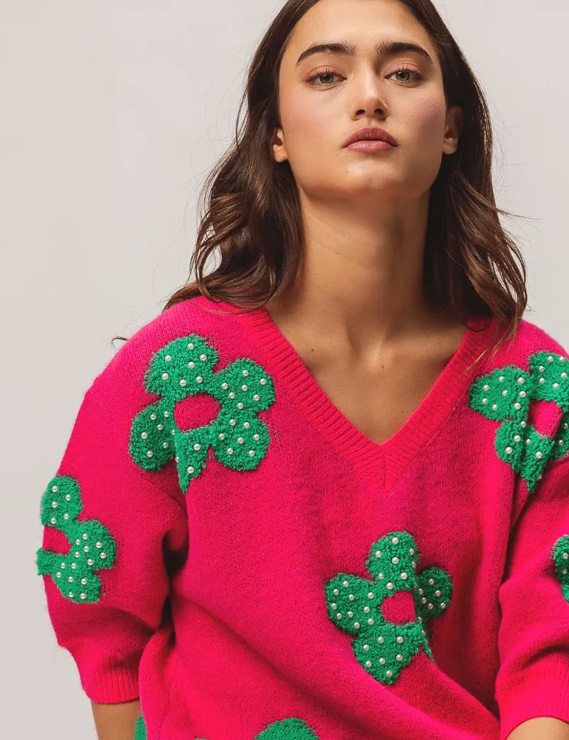 BiBi Pearl Beads Flowers Sweater Top | Sweaters Daverri Fashions