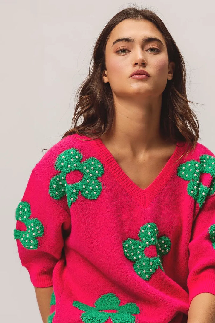 BiBi Pearl Beads Flowers Sweater Top Sweaters