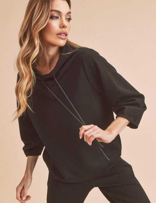 Black Aemi + Co Lightweight Drawstring Mock Neck Sweatshirt | Sweatshirts Daverri Fashions