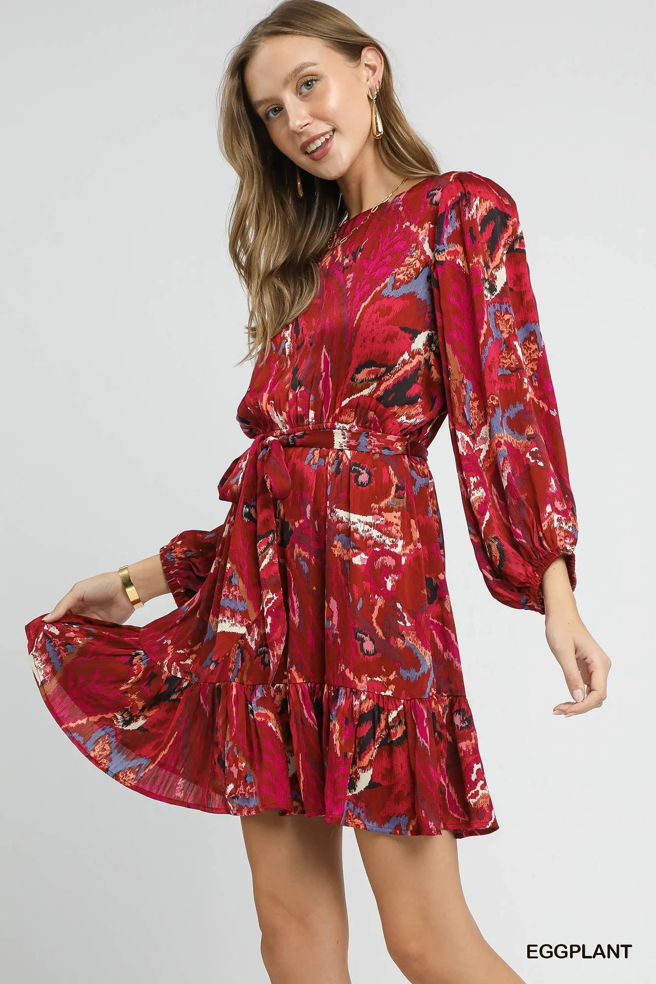 Umgee Ruffled Hem Printed Balloon Sleeve Dress Mini Dresses