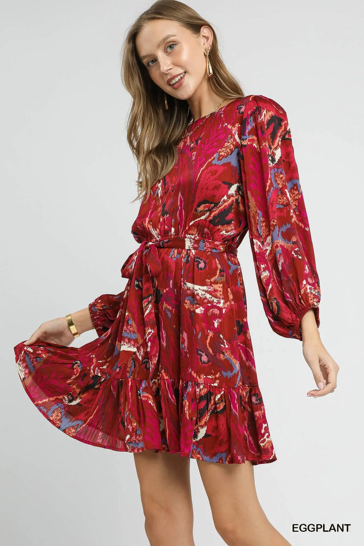 Umgee Ruffled Hem Printed Balloon Sleeve Dress Mini Dresses
