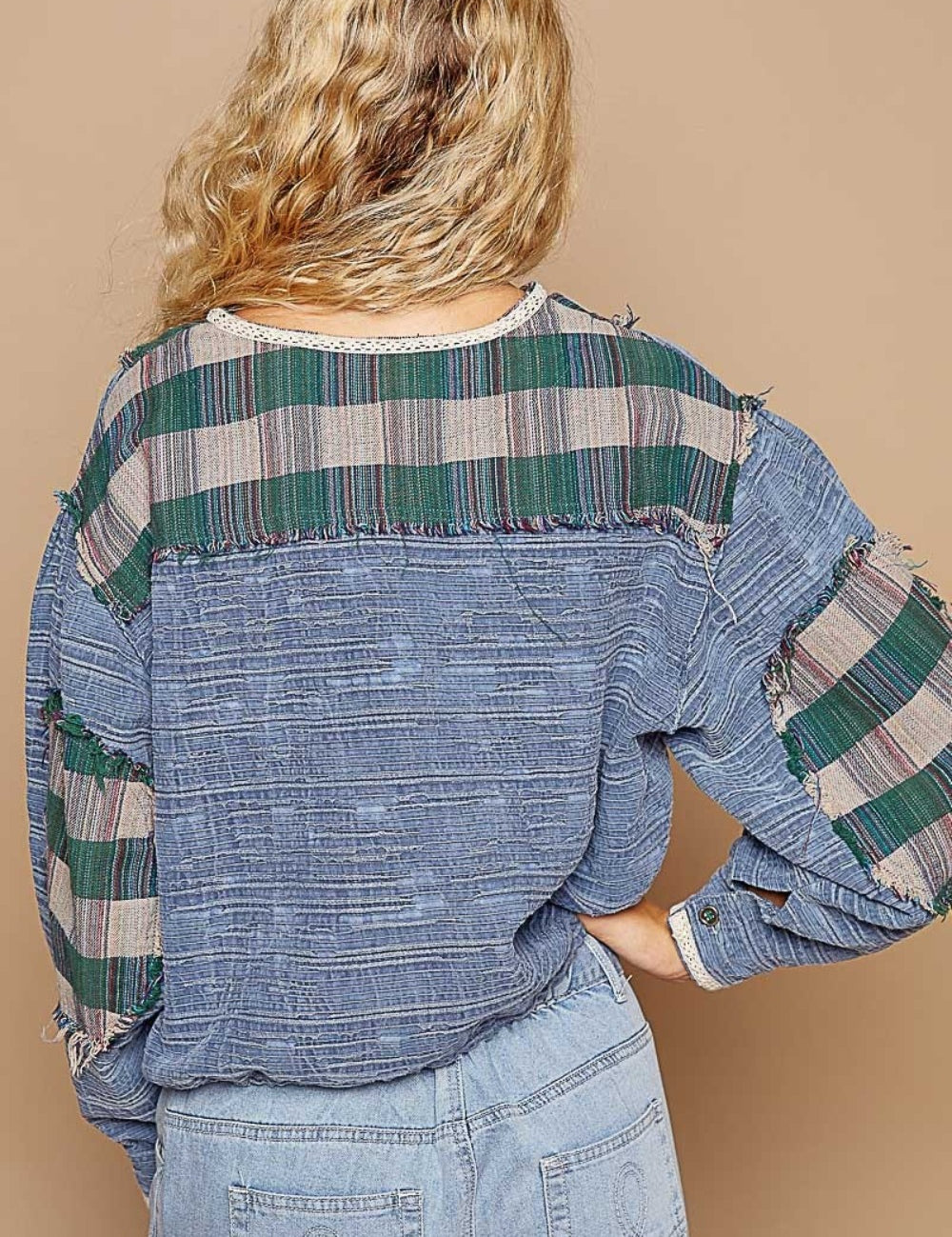 POL Round Neck Long Sleeve Plaid Shirt