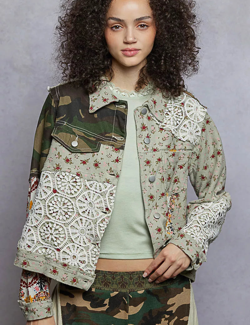 OLIVE MULTI POL Floral Printed French Terry Jacket with Crochet Contrast | Jackets Daverri Fashions