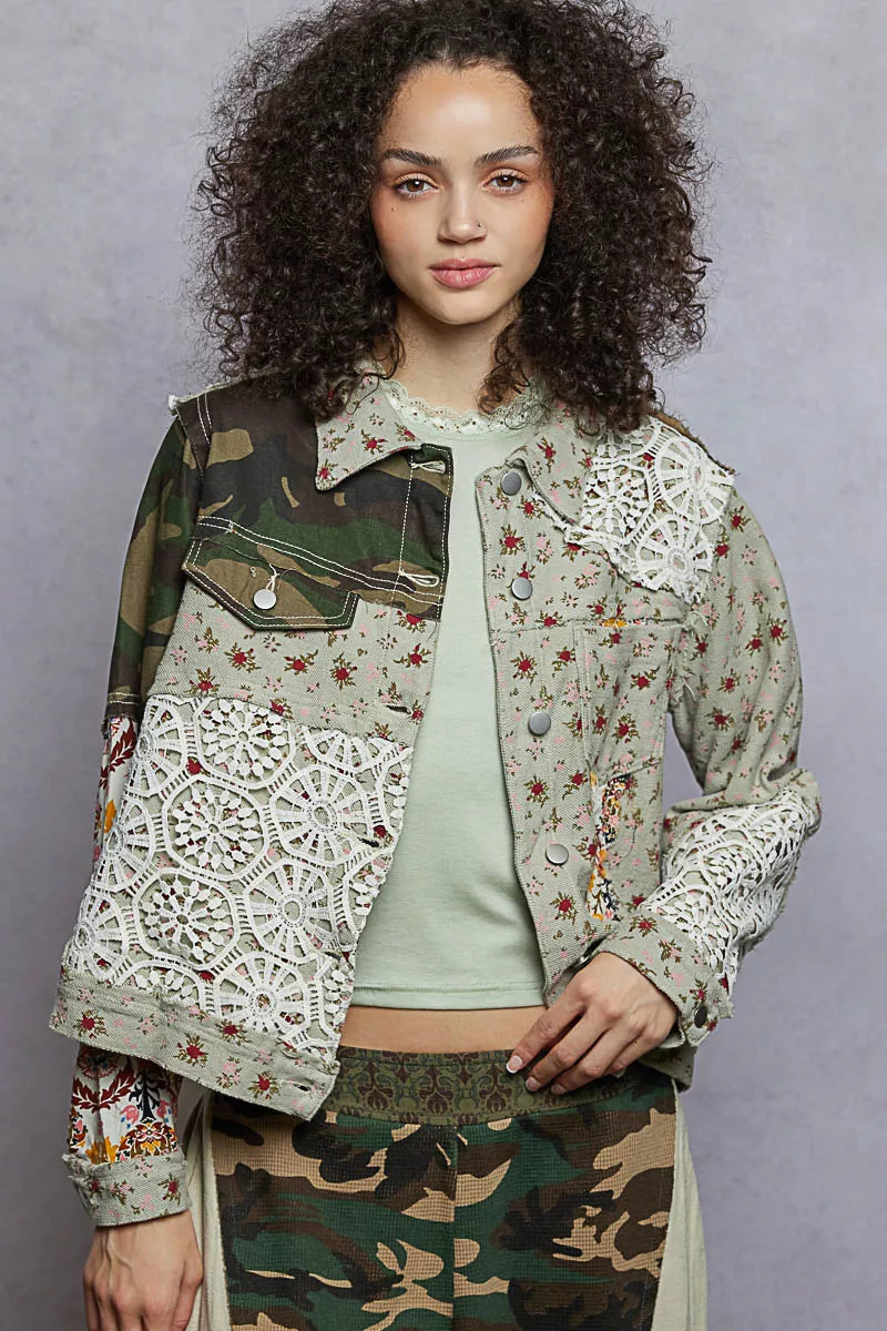OLIVE MULTI POL Floral Printed French Terry Jacket with Crochet Contrast | Jackets Daverri Fashions