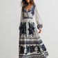 Floral print long sleeve maxi dress with navy blue patterns and v-neck