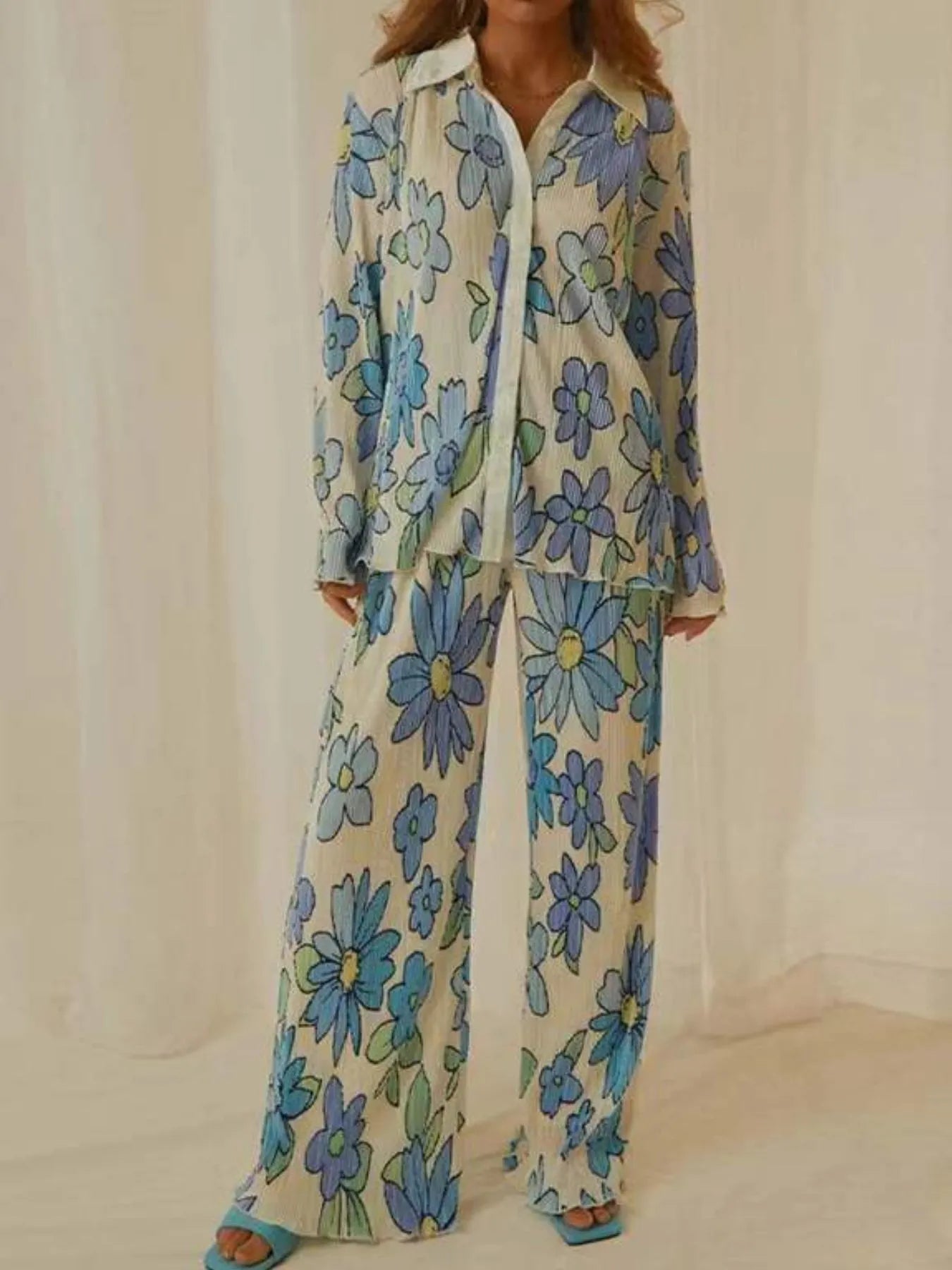 Printed Button Up Shirt and Pants Set | Loungewear Sets Daverri Fashions