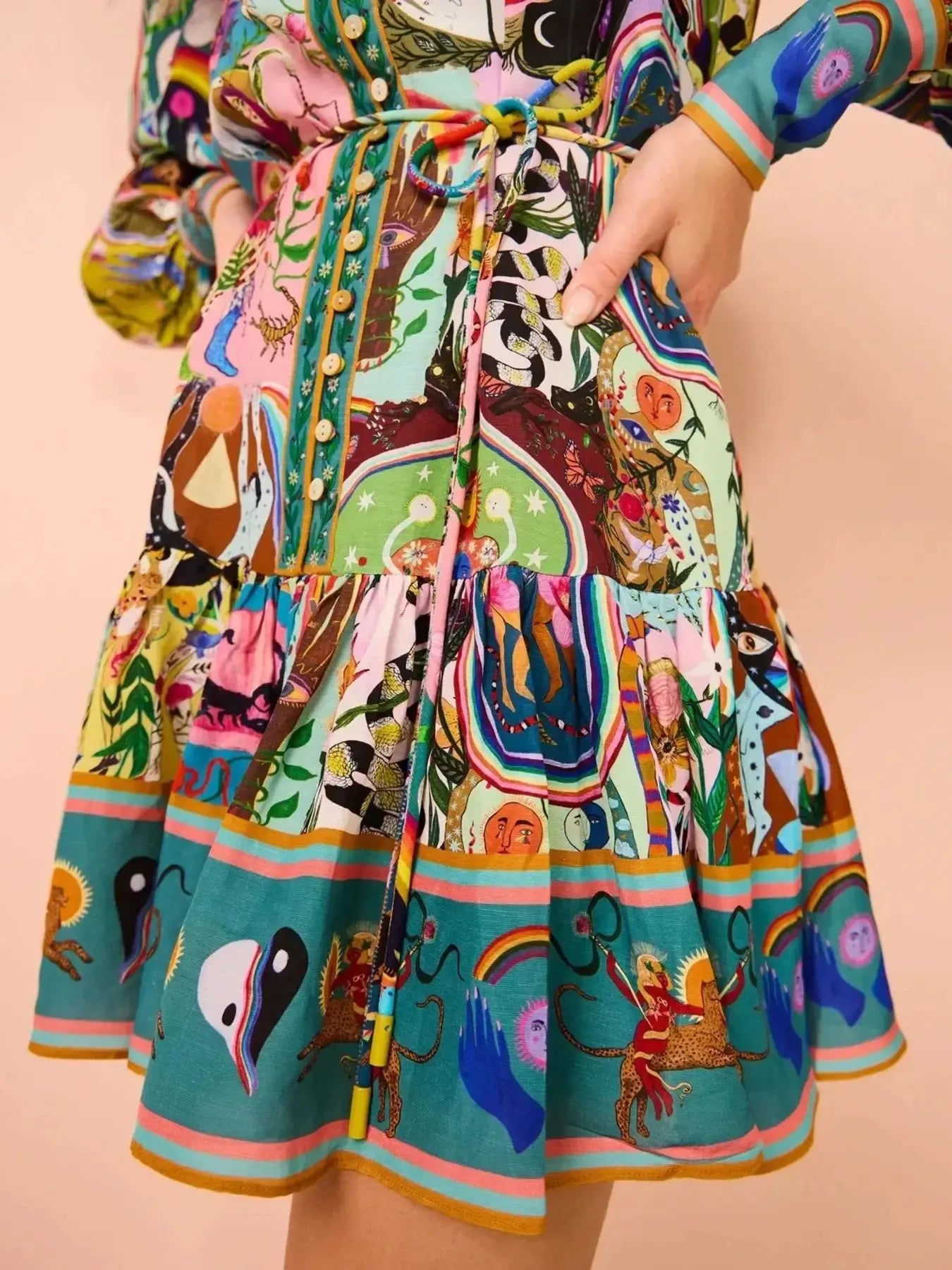 Daverri Fashions multicolored printed long sleeve mini dress with belt