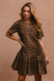 BiBi Tie Back Leopard Round Neck Short Sleeve Dress Leopard