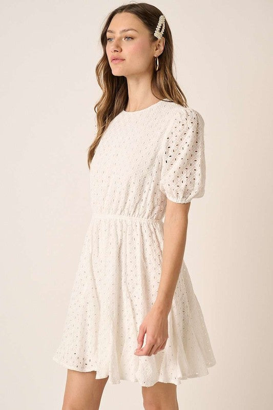 Mittoshop Eyelet Round Neck Puff Sleeve Mini Dress Mini Dresses