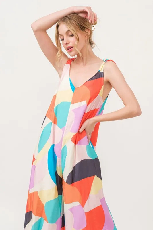 And The Why Tied Shoulder Straps Wide-Leg Geo Print Jumpsuit Jumpsuits