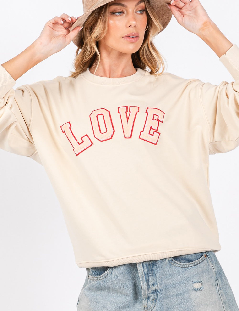 SAGE + FIG LOVE Path Applique Drop Shoulder Sweatshirt Ivory