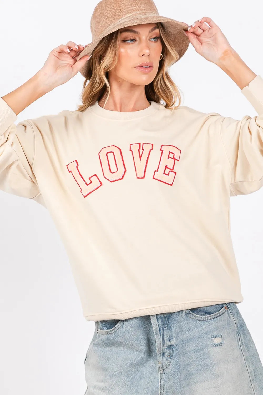 Ivory S SAGE + FIG LOVE Path Applique Drop Shoulder Sweatshirt | Sweatshirts Daverri Fashions
