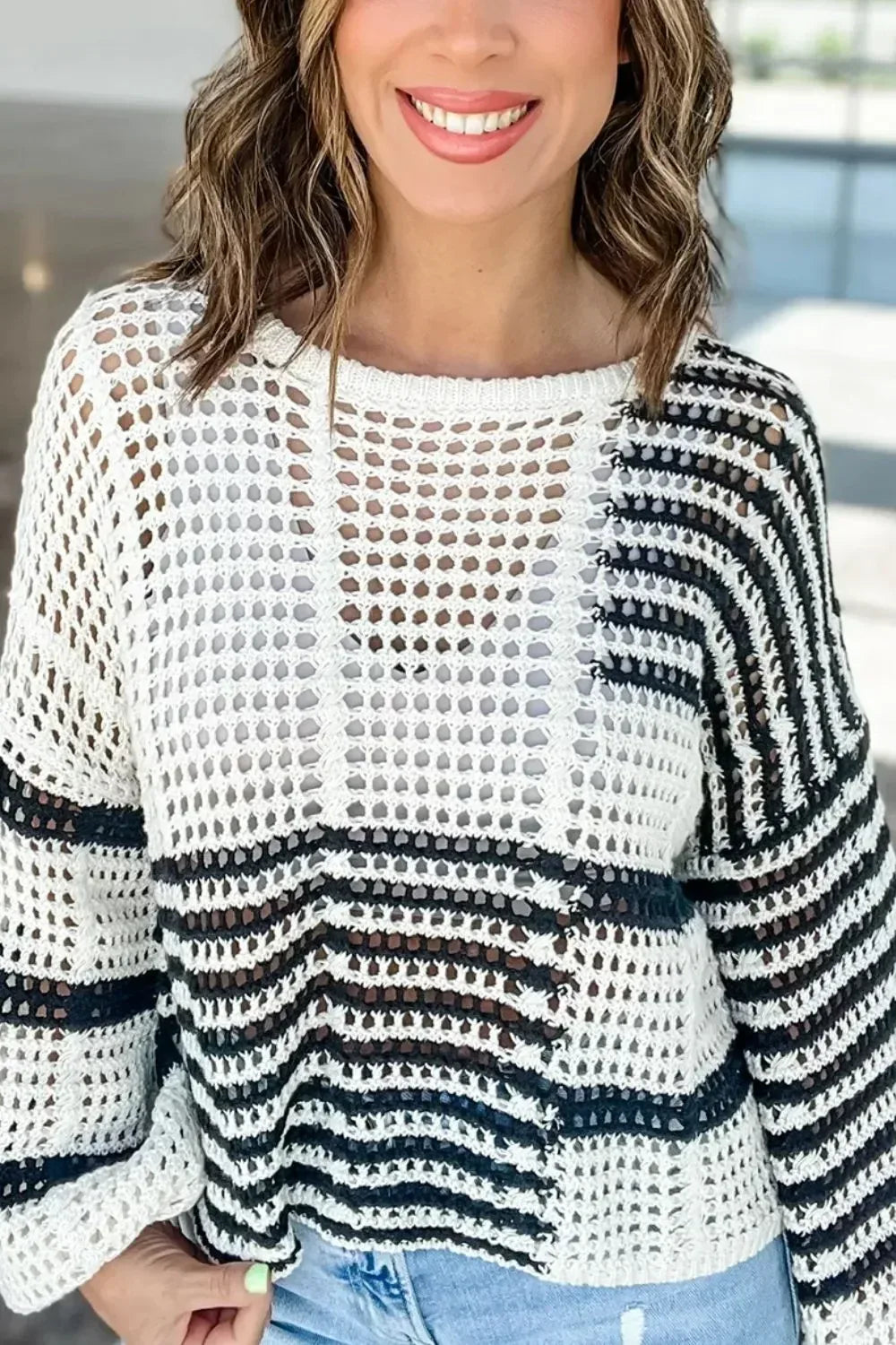 Contrast Striped Crochet Long Sleeve Knit Cover Up - DAVERRI FASHIONS