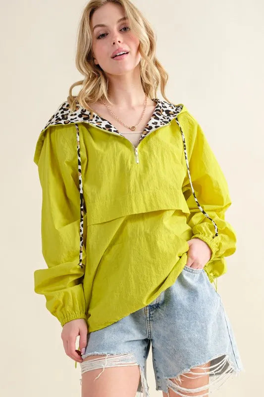 Leopard Print Hoodie Zipper Up Pocket Windbreaker Outerwear