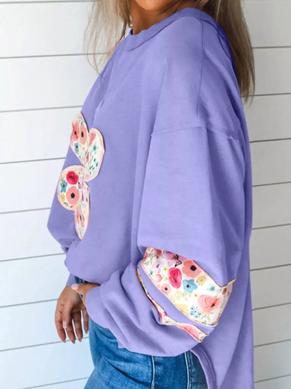 Oversized Floral Applique Drop Shoulder Sweatshirt - DAVERRI FASHIONS