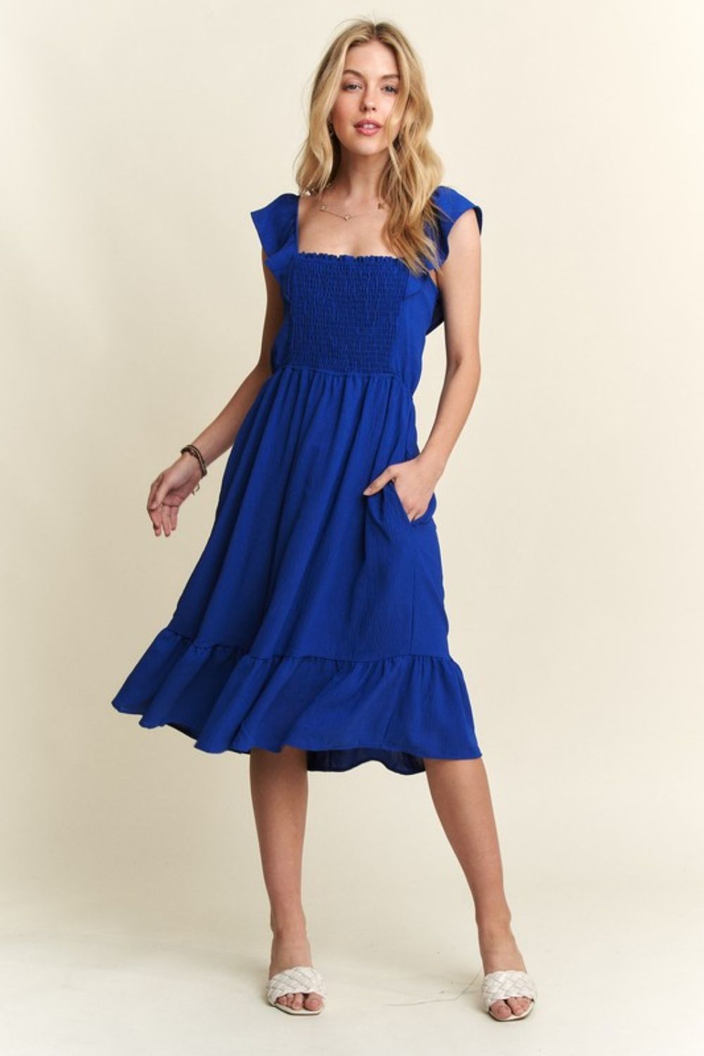 ADORA Smocked Square Neck Ruffled Cap Sleeve Dress Dresses