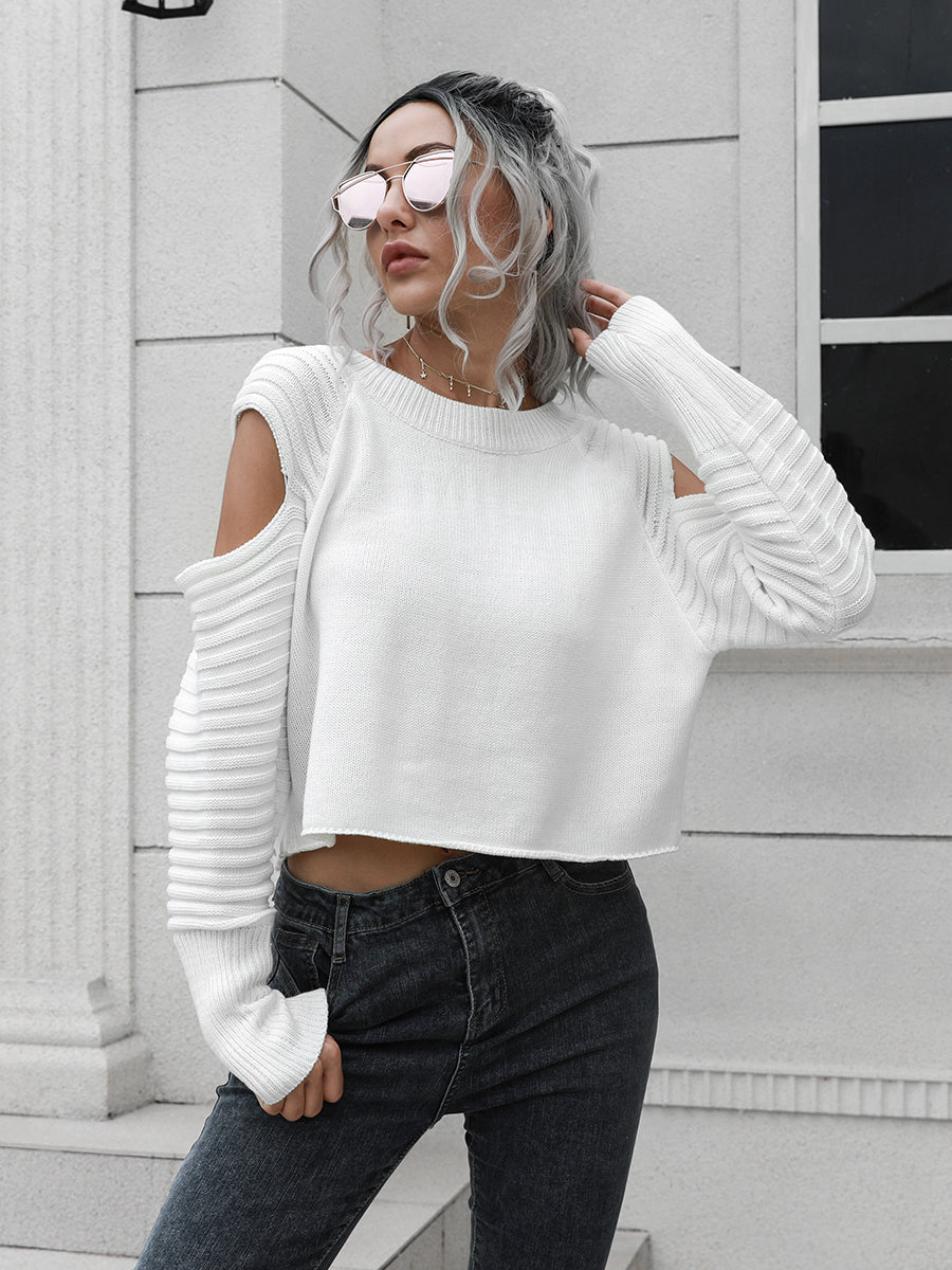 White Cold-Shoulder Ribbed Trim Sweater | Sweaters Daverri Fashions