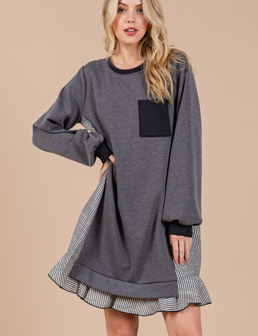 Ces Femme Striped Patchwork Round Neck Terry Sweatshirt Dress Charcoal