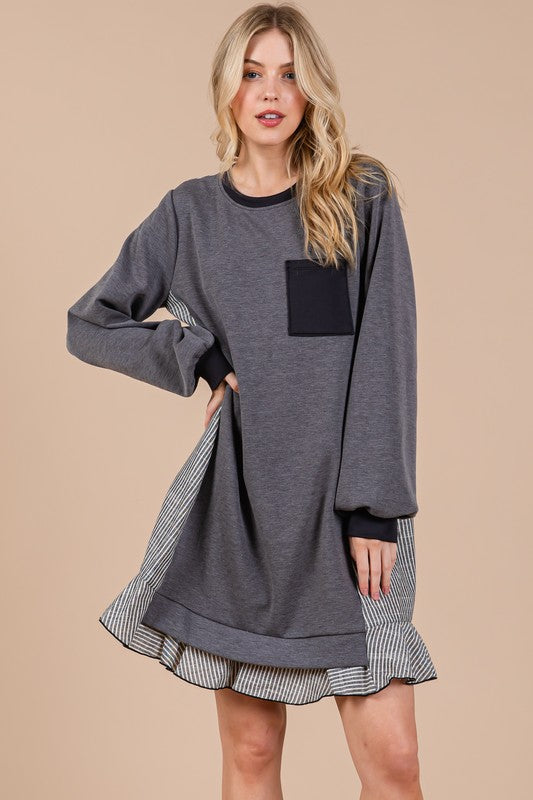 Ces Femme Striped Patchwork Round Neck Terry Sweatshirt Dress Charcoal Sweatshirts