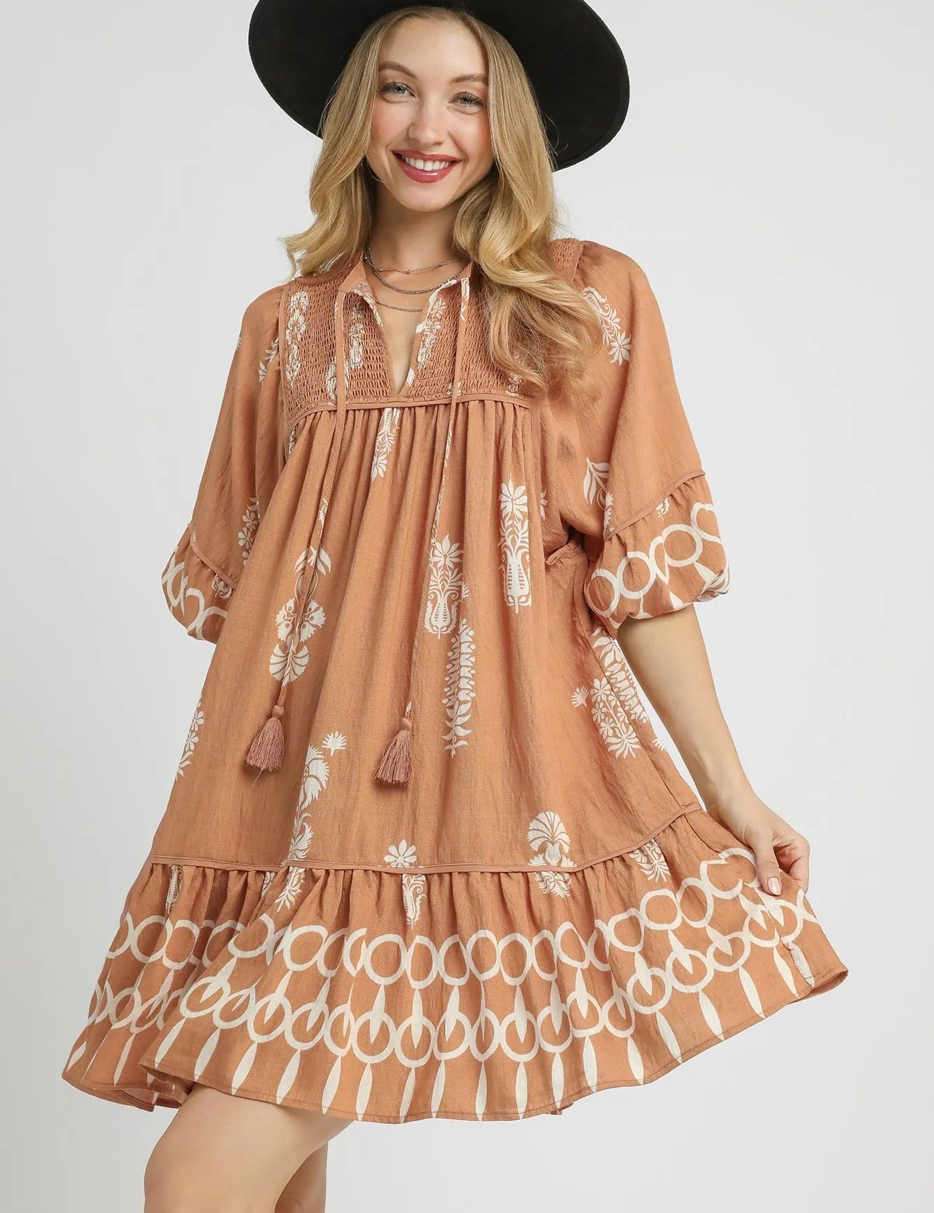 Mocha L Umgee Boarder Print Tassel Tie Neck Mini Dress | Mini Dresses Daverri Fashions