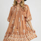 Umgee Boarder Print Tassel Tie Neck Mini Dress Mocha L Mini Dresses
